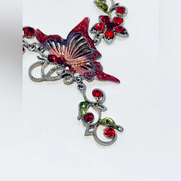 Vintage Silver Tone Red & Pink Butterfly 🦋 Necklace W/Rhinestone Accents 19” - Picture 2 of 5